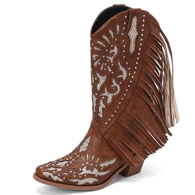 Cowboystiefel Damen - Western Stiefeletten Mit Fransen Und Niedrigem Absatz